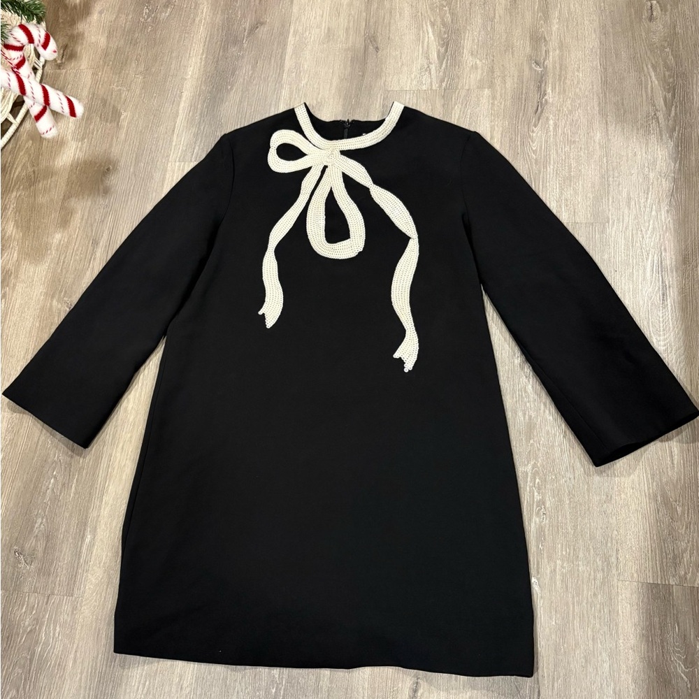 Tuckernuck Black Long-Sleeve Shift Dress with Cream Bow Trim